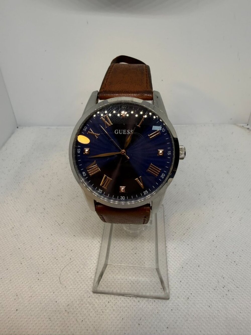 Guess Chandler U1080G3 Mens Silver Tone Blue Dial Brown Leather Watch 42mm